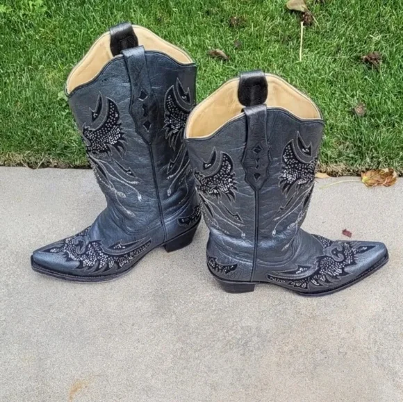 Corral Eagle Rhinestone and Stud Cut-Out leather Black/ Silver Cowgirl size 9.5 - Picture 14 of 14